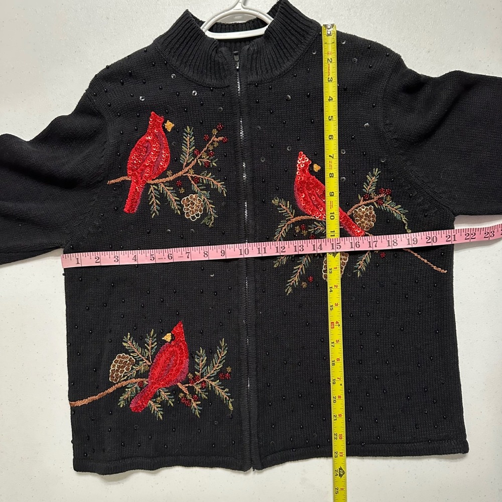 Tiara International Cardinal Embroidered Zip Cardigan Ramie Cotton Black VTG XL - Picture 6 of 7